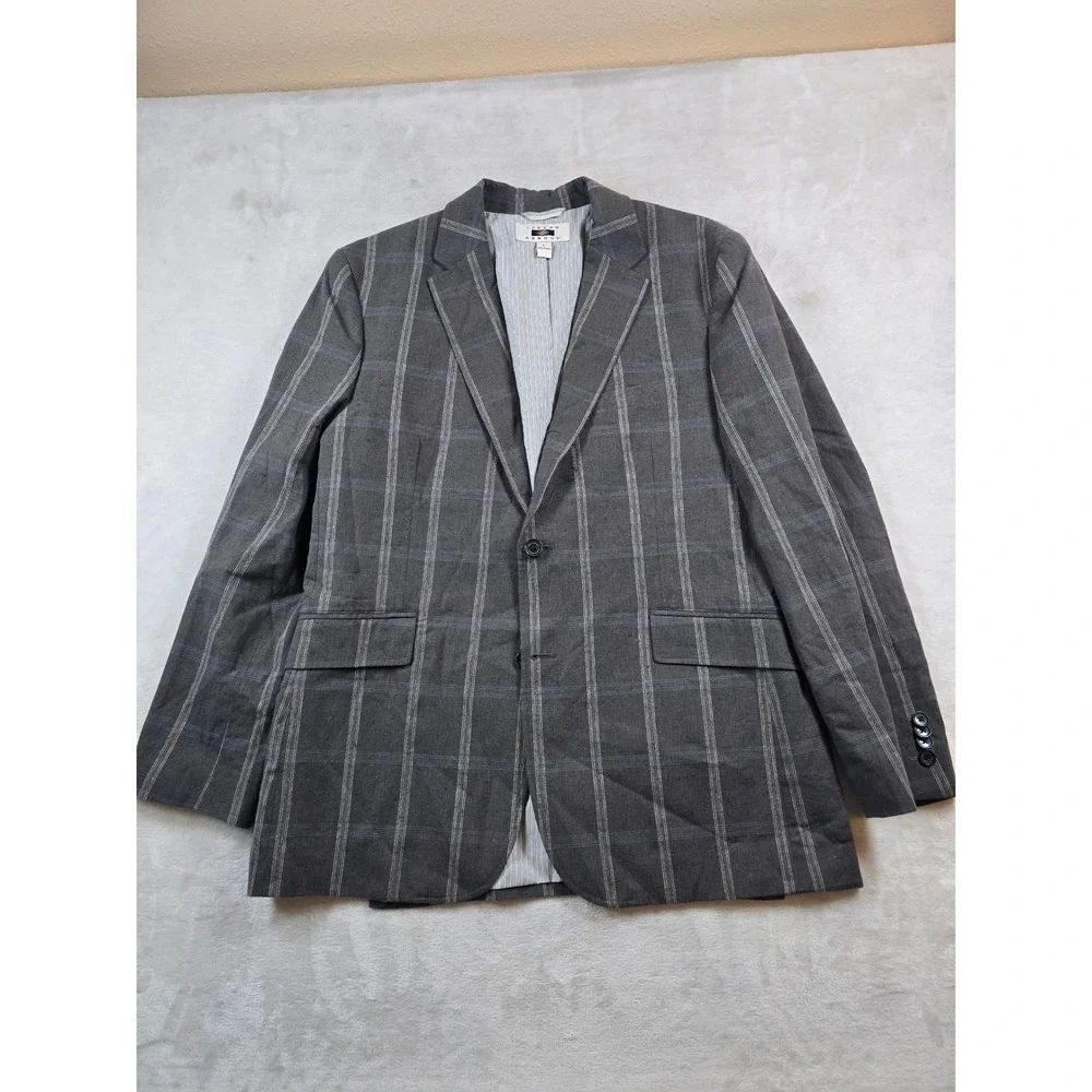 Joseph Abboud Linen Blazer Mens Large Grey Cotton Windowpane Plaid Sport Coat